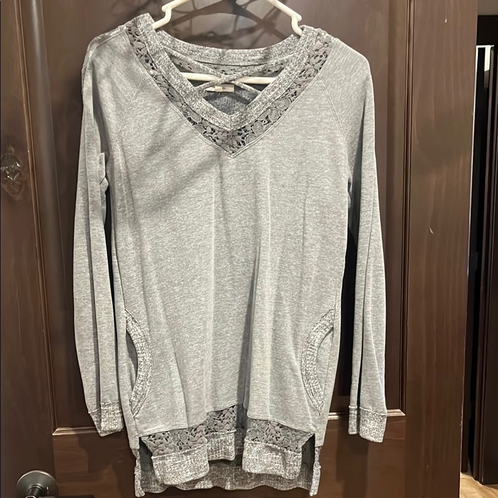 Maurices Gray V-Neck Tunic with Lace Detail